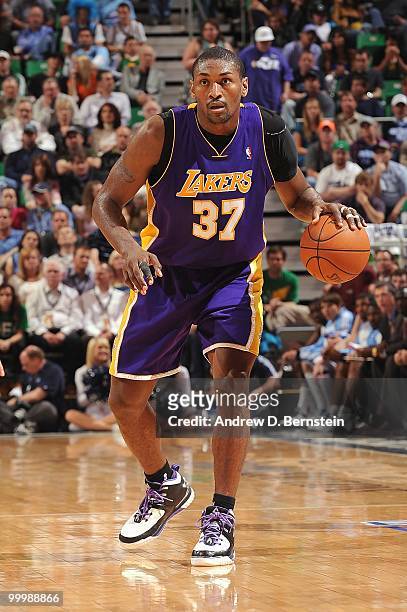 Ron Artest of the Los Angeles Lakers dribbles against the Utah Jazz in Game Four of the Western Conference Semifinals during the 2010 NBA Playoffs on...