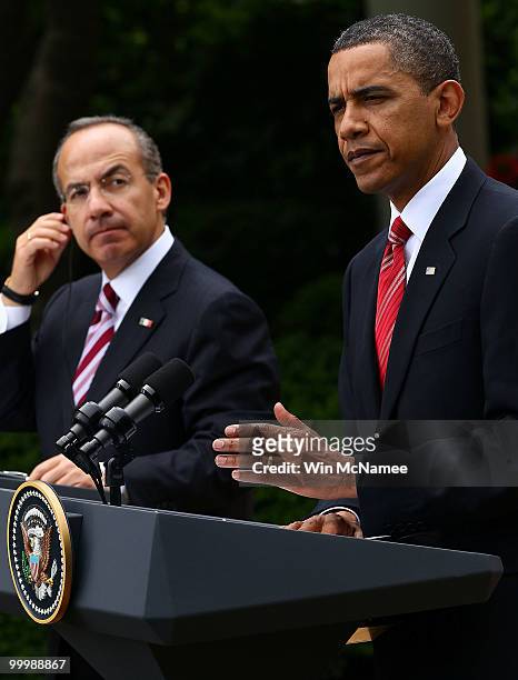 President Barack Obama and Mexican President Felipe Calderon hold a joint press conference in the Rose Garden of the White House during an official...