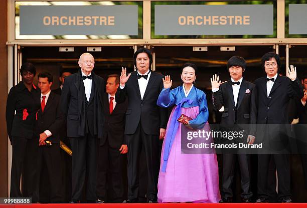 Cannes Film Festival President Gilles Jacob, Director Chang-Dong Lee , actress Jeong-hee Yoon, actor David Lee, producer Jun-Dong Lee attend the...