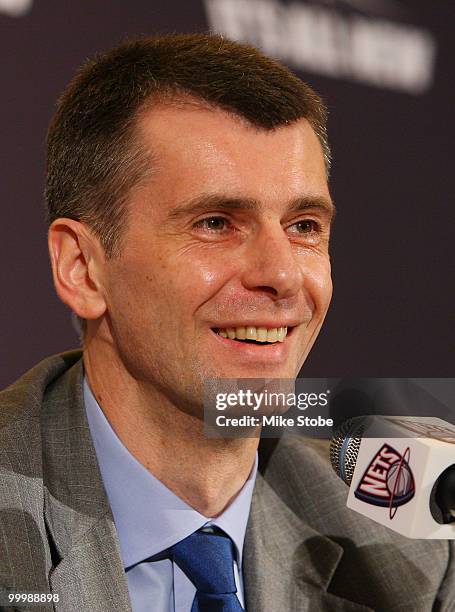 New Jersey Nets Owner Mikhail Prokhorov addresses the media during a press conference at the Four Seasons Hotel on May 19, 2010 in New York City.