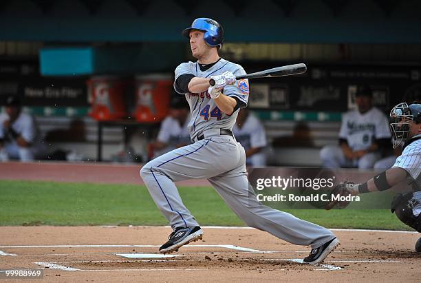 Jason Bay of the New York Mets bats during a MLB game against the Florida Marlins in Sun Life Stadium on May 15, 2010 in Miami, Florida.