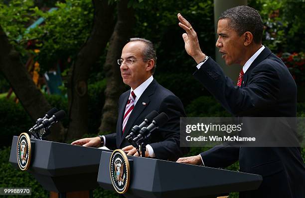 President Barack Obama and Mexican President Felipe Calderon hold a joint press conference in the Rose Garden of the White House during an official...