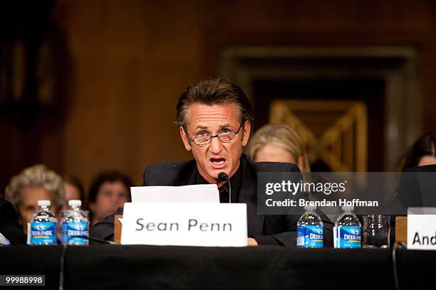 Actor Sean Penn testifies at a hearing on the aftermath of the earthquake in Haiti on Capitol Hill on May 19, 2010 in Washington, DC. Penn is a...