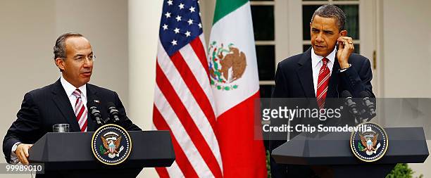 President Barack Obama and Mexican President Felipe Calderon hold a joint press conference in the Rose Garden at the White House May 19, 2010 in...