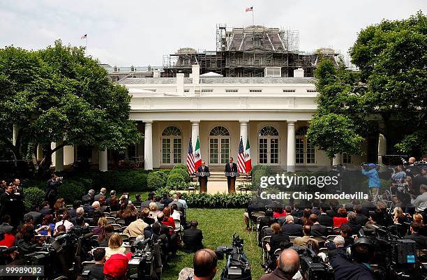 President Barack Obama and Mexican President Felipe Calderon hold a joint press conference in the Rose Garden at the White House May 19, 2010 in...