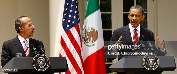 President Barack Obama and Mexican President Felipe Calderon hold a joint press conference in the Rose Garden at the White House May 19, 2010 in...