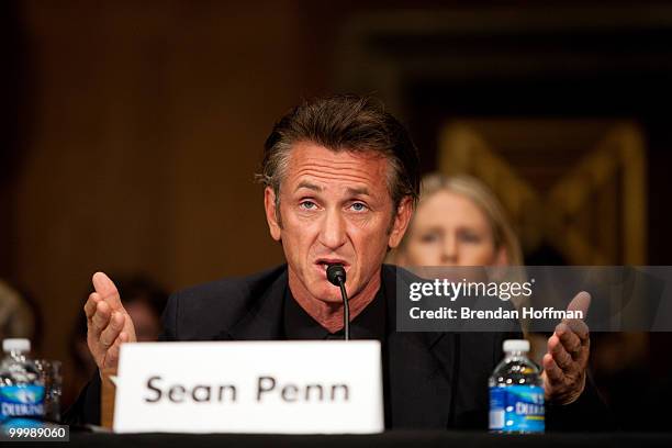 Actor Sean Penn testifies at a hearing on the aftermath of the earthquake in Haiti on Capitol Hill on May 19, 2010 in Washington, DC. Penn is a...