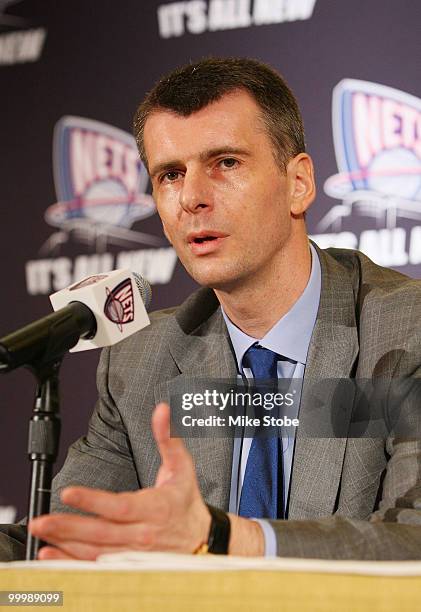 New Jersey Nets Owner Mikhail Prokhorov addresses the media during a press conference at the Four Seasons Hotel on May 19, 2010 in New York City.