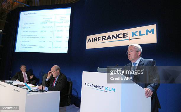 Air France-KLM chief executive Pierre-Henri Gourgeon talks as KLM President and CEO Peter Hartman and Senior executive Vice-President Philippe...