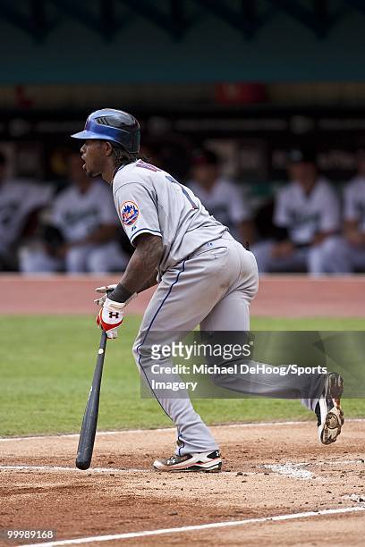 Jose Reyes of the New York Mets bats during a MLB game against the Florida Marlins in Sun Life Stadium on May 16, 2010 in Miami, Florida.