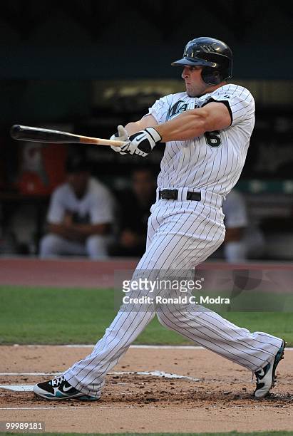 Dan Uggla of the Florida Marlins bats during a MLB game against the New York Mets in Sun Life Stadium on May 15, 2010 in Miami, Florida.