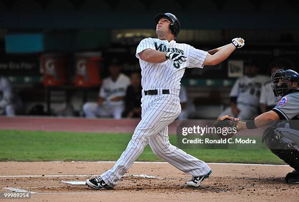 Dan Uggla of the Florida Marlins bats during a MLB game against the New York Mets in Sun Life Stadium on May 15, 2010 in Miami, Florida.