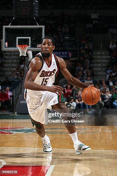John Salmons of the Milwaukee Bucks drives the ball against the New Jersey Nets during the game at the Bradley Center on April 7, 2010 in Milwaukee,...