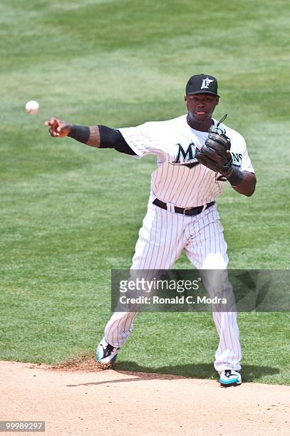 Hanley Ramirez of the Florida Marlins throws to first base during a MLB game against the New York Mets in Sun Life Stadium on May 16, 2010 in Miami,...