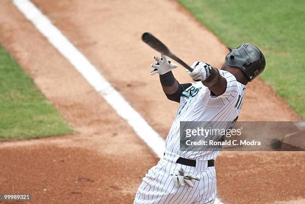Hanley Ramirez of the Florida Marlins bats during a MLB game against the New York Mets in Sun Life Stadium on May 16, 2010 in Miami, Florida.