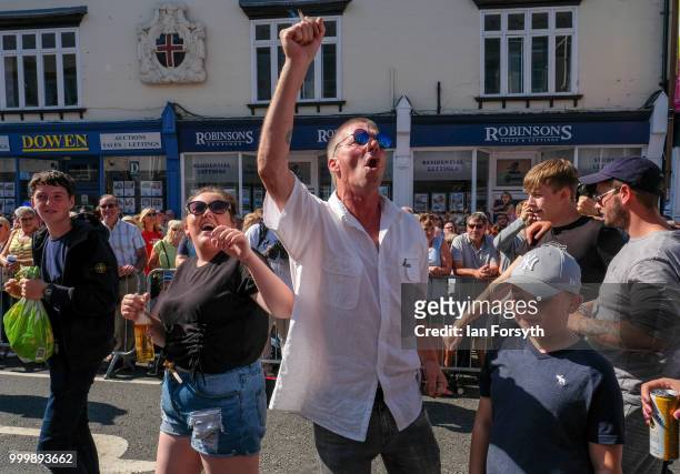 Man reacts as he marches past the County Hotel during the 134th Durham Miners’ Gala on July 14, 2018 in Durham, England. Over two decades after the...