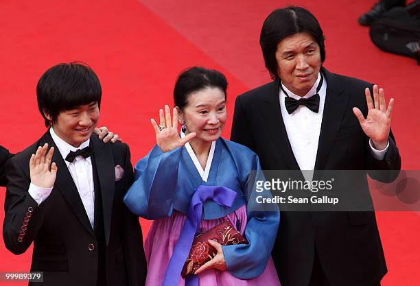 Actor David Lee, Actress Jeong-hee Yoon and Director Chang-dong Lee attend the "Poetry" Premiere at the Palais des Festivals during the 63rd Annual...