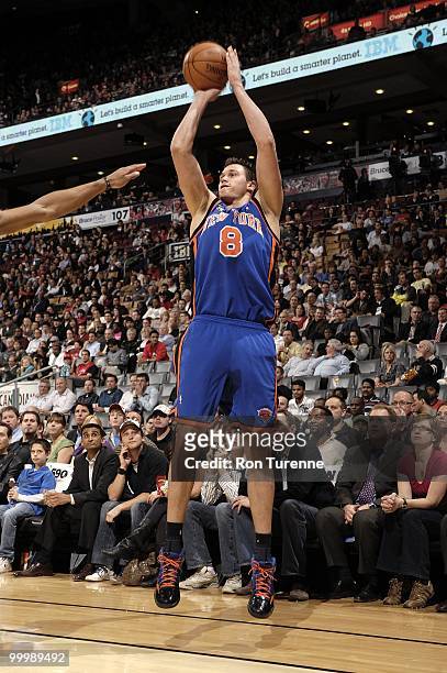 Danilo Gallinari of the New York Knicks shoots a jump shot against the Toronto Raptors during the game at Air Canada Centre on April 14, 2010 in...