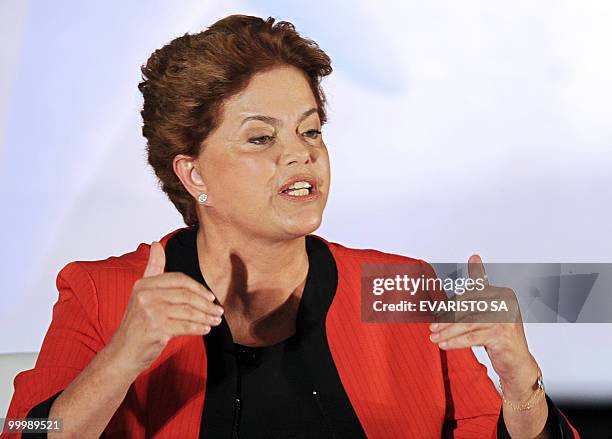 Brazilian presidential candidate Dilma Rousseff, from the Workers Party , speaks during an individual debate at the XIII National Meeting of Mayors,...