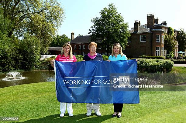 Players, Jo Mundy, Karen Lunn and Samantha Head pose for a picture as the R&A presents a R&A Working for Golf flag to the Ladies European Tour at The...