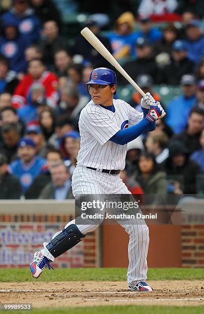 Kosuke Fukudome of the Chicago Cubs prepares to hit against the Florida Marlins at Wrigley Field on May 12, 2010 in Chicago, Illinois. The Cubs...