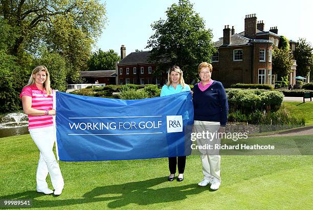 Players, Jo Mundy, Samantha Head and Karen Lunn pose for a picture as the R&A presents a R&A Working for Golf flag to the Ladies European Tour at The...