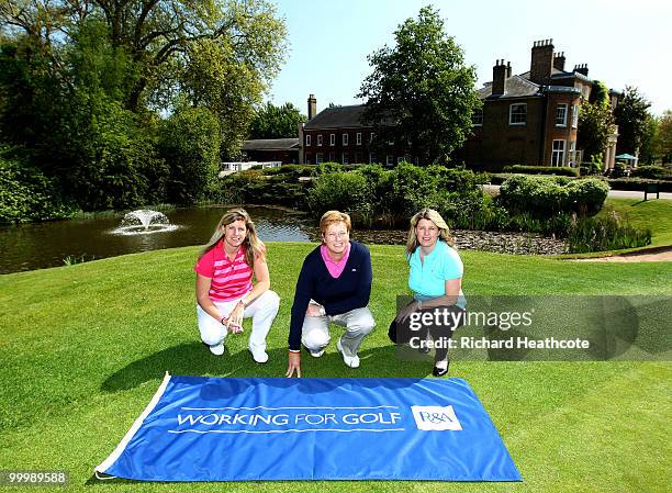 Players, Jo Mundy, Karen Lunn and Samantha Head pose for a picture as the R&A presents a R&A Working for Golf flag to the Ladies European Tour at The...