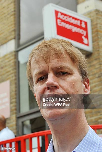 Labour MP Stephen Timms speaks to the media as he leaves the Royal London Hospital on May 19, 2010 in London, England. Mr Timms was recovering from...