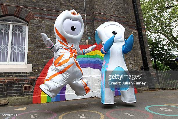 Wenlock, the Olympic mascot and Mandeville , the Paralympic mascot pose for photographs after being unveiled at St Pauls Whitechapel C of E Primary...