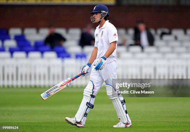 Alastair Cook of England Lions walks off after being dismissed during day one of the match between England Lions and Bangladesh at The County Ground...