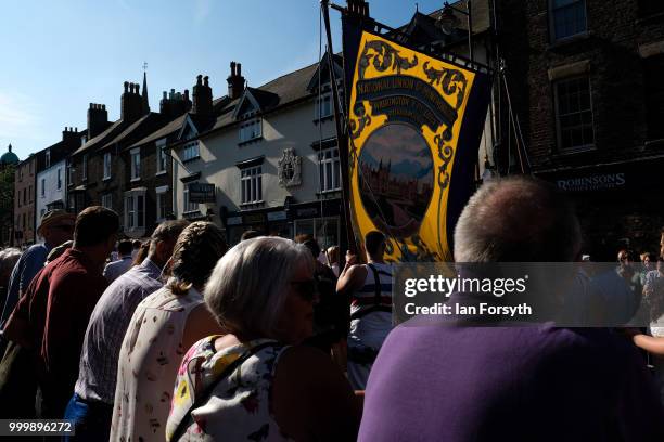 Colliery banner from Washington Pit Lodge is carried behind their band during the 134th Durham Miners’ Gala on July 14, 2018 in Durham, England. Over...