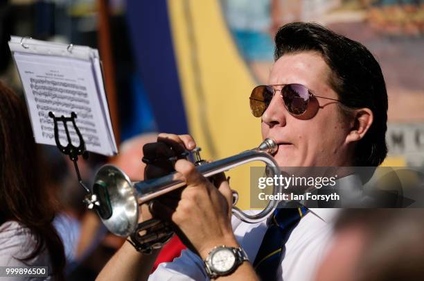 Band member plays in front of the County Hotel as he performs during the 134th Durham Miners’ Gala on July 14, 2018 in Durham, England. Over two...