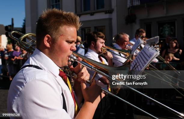 Band member plays in front of the County Hotel as he performs during the 134th Durham Miners’ Gala on July 14, 2018 in Durham, England. Over two...