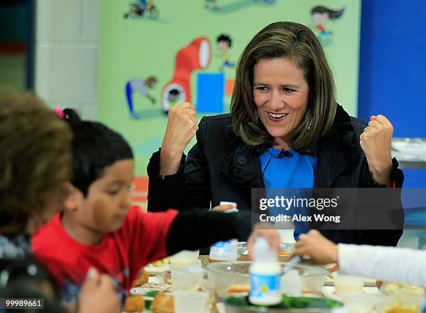 Mexican counterpart first lady Margarita Zavala gestures as she talks to Head Start students during lunch as she visits New Hampshire Estates...