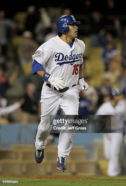 Andre Ethier of the Los Angeles Dodgers runs to first base against the Milwaukee Brewers at Dodger Stadium on May 6, 2010 in Los Angeles, California.