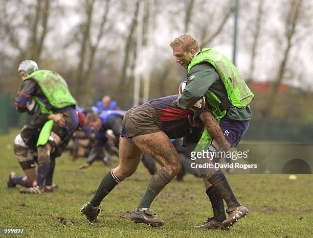 Lewis Moody the Leicester Tigers flank forward is tackled during team training at The Oval, Oadby, Leicester. DIGITAL IMAGE Mandatory Credit: Dave...