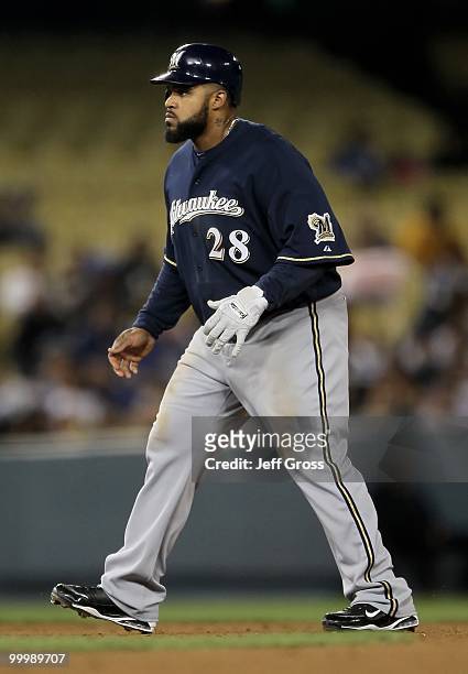 Prince Fielder of the Milwaukee Brewers leads off of second base against the Los Angeles Dodgers at Dodger Stadium on May 6, 2010 in Los Angeles,...