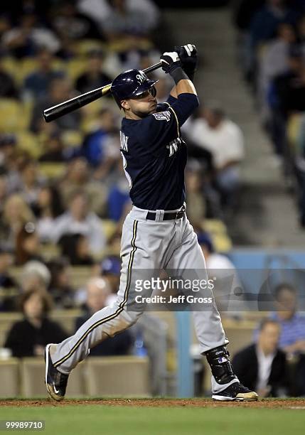 Ryan Braun of the Milwaukee Brewers bats against the Los Angeles Dodgers at Dodger Stadium on May 6, 2010 in Los Angeles, California.