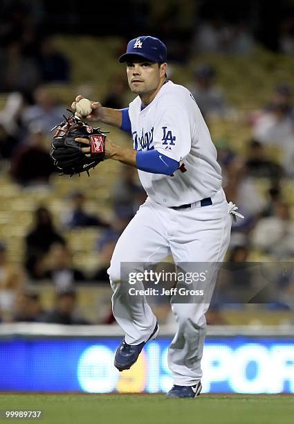 Jamey Carroll of the Los Angeles Dodgers plays against the Milwaukee Brewers at Dodger Stadium on May 6, 2010 in Los Angeles, California.