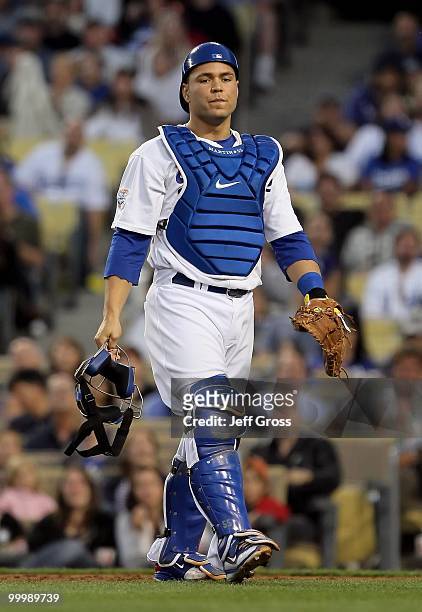 Russell Martin of the Los Angeles Dodgers looks on against the Milwaukee Brewers at Dodger Stadium on May 6, 2010 in Los Angeles, California.