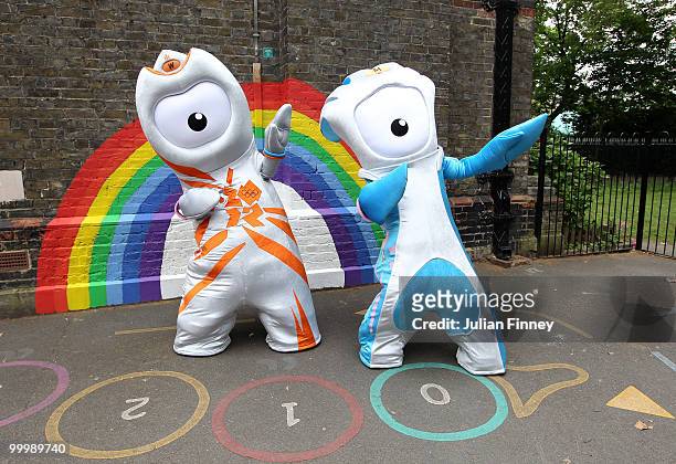Wenlock, the Olympic mascot and Mandeville , the Paralympic mascot pose for photos after being unveiled at St Pauls Whitechapel C of E Primary...