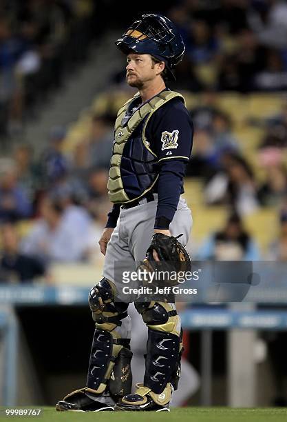 Catcher Gregg Zaun of the Milwaukee Brewers looks on against the Los Angeles Dodgers at Dodger Stadium on May 6, 2010 in Los Angeles, California.