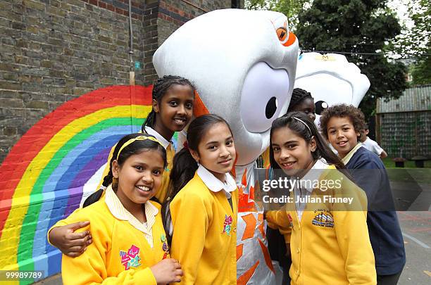 Wenlock, the Olympic mascot hugs school children after being unveiled at St Pauls Whitechapel C of E Primary School, Tower Hamlets on May 19, 2010 in...