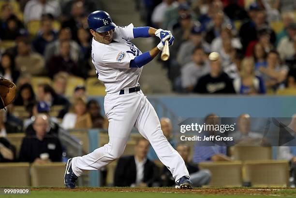 Jamey Carroll of the Los Angeles Dodgers bats against the Milwaukee Brewers at Dodger Stadium on May 6, 2010 in Los Angeles, California.