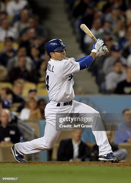 Jamey Carroll of the Los Angeles Dodgers bats against the Milwaukee Brewers at Dodger Stadium on May 6, 2010 in Los Angeles, California.