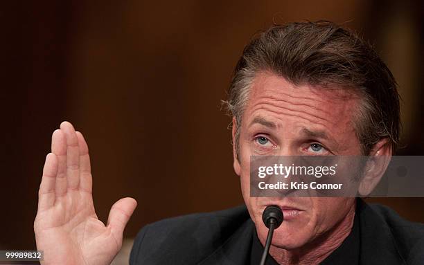 Sean Penn speaks during the Senate Foreign Relations Committee hearing on "After the Earthquake: Empowering Haiti to Rebuild Better" at Senate...