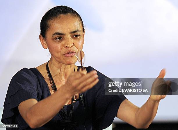 Brazilian Green party presidential candidate Marina Silva, a former environment minister, speaks during an individual debate at the XIII National...