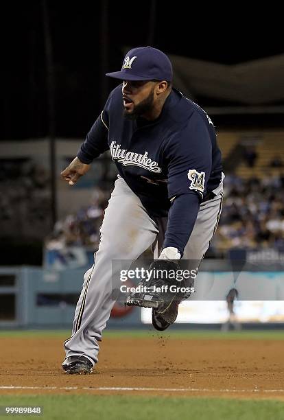 Prince Fielder of the Milwaukee Brewers plays against the Los Angeles Dodgers at Dodger Stadium on May 6, 2010 in Los Angeles, California.