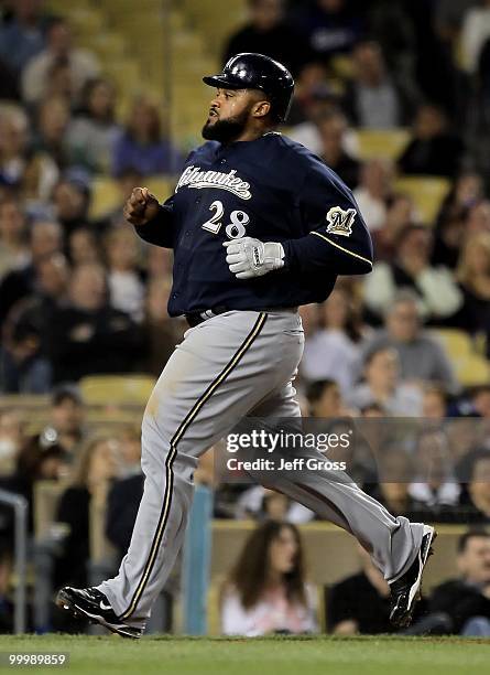 Prince Fielder of the Milwaukee Brewers plays against the Los Angeles Dodgers at Dodger Stadium on May 6, 2010 in Los Angeles, California.
