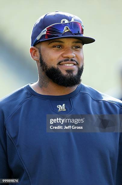 Prince Fielder of the Milwaukee Brewers looks on prior to the start of the game against the Los Angeles Dodgers at Dodger Stadium on May 6, 2010 in...